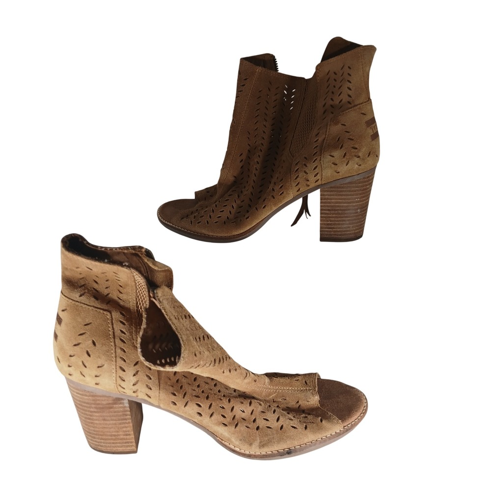 TOMS Majorca Cutout Booties 11 Tan Suede Perforated Open Toe Boho Block Heel